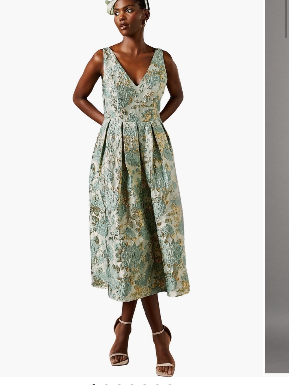 V-Neck Floral Jacquard Midi Dress in Sage Green